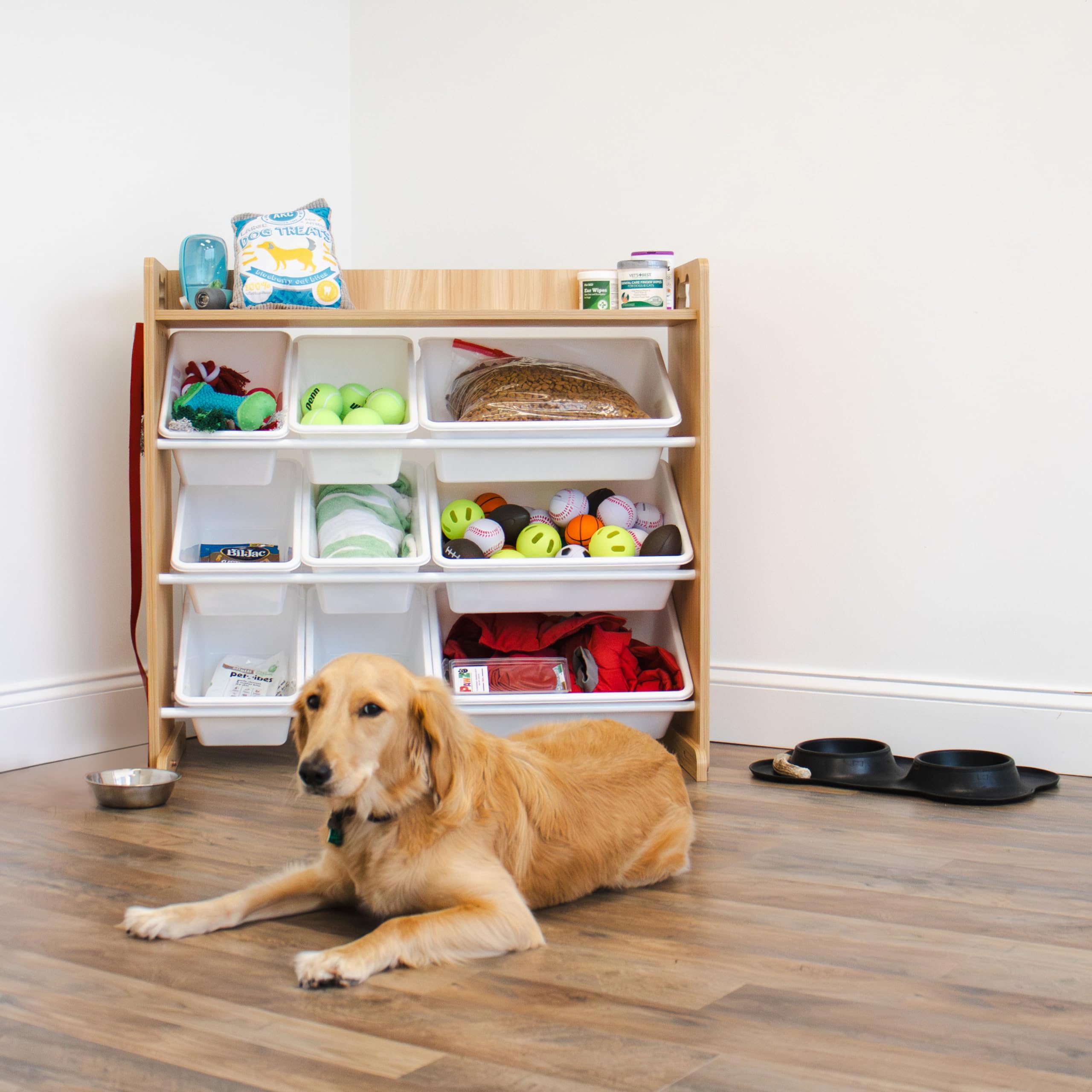 Humble Crew Aspen Pet Supplies Organizer with Shelf and 9 Storage Bins – Natural Wood Frame with White Bins, Hooks & Bone Cutout Handles for Dogs, Cats & Small Pets