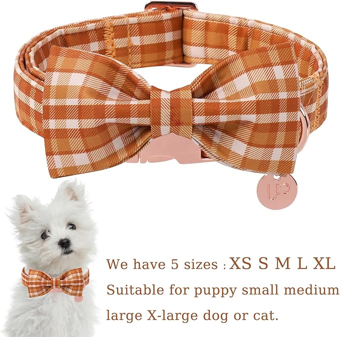 UP URARA PUP Fall Plaid Dog Collar and Bow Tie Set – Brown Orange Checkered Adjustable Collar with Maple Leaf Charm for Small Medium Large Dogs, Soft Cotton Puppy Collar with Quick Release Buckle
