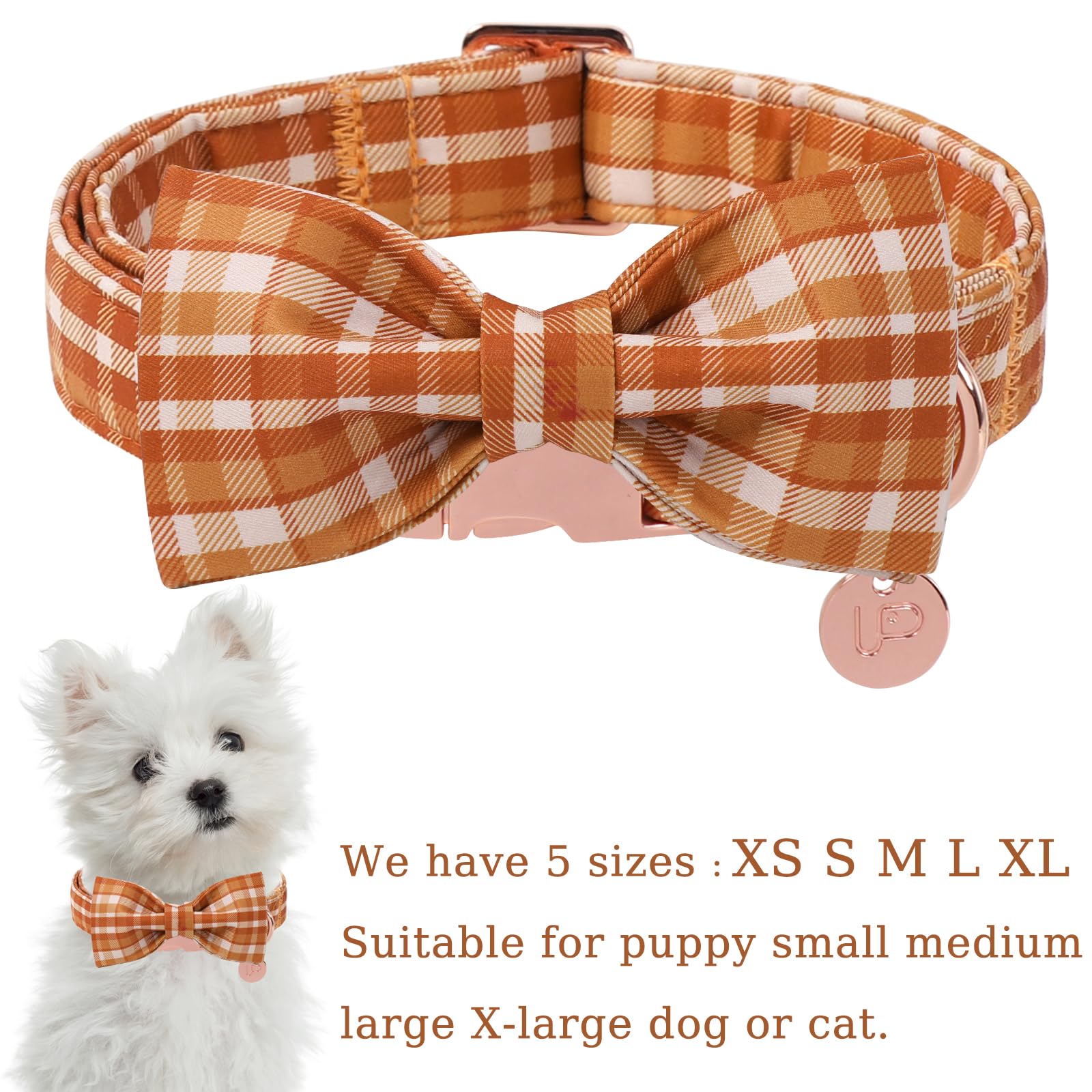 UP URARA PUP Fall Plaid Dog Collar and Bow Tie Set – Brown Orange Checkered Adjustable Collar with Maple Leaf Charm for Small Medium Large Dogs, Soft Cotton Puppy Collar with Quick Release Buckle