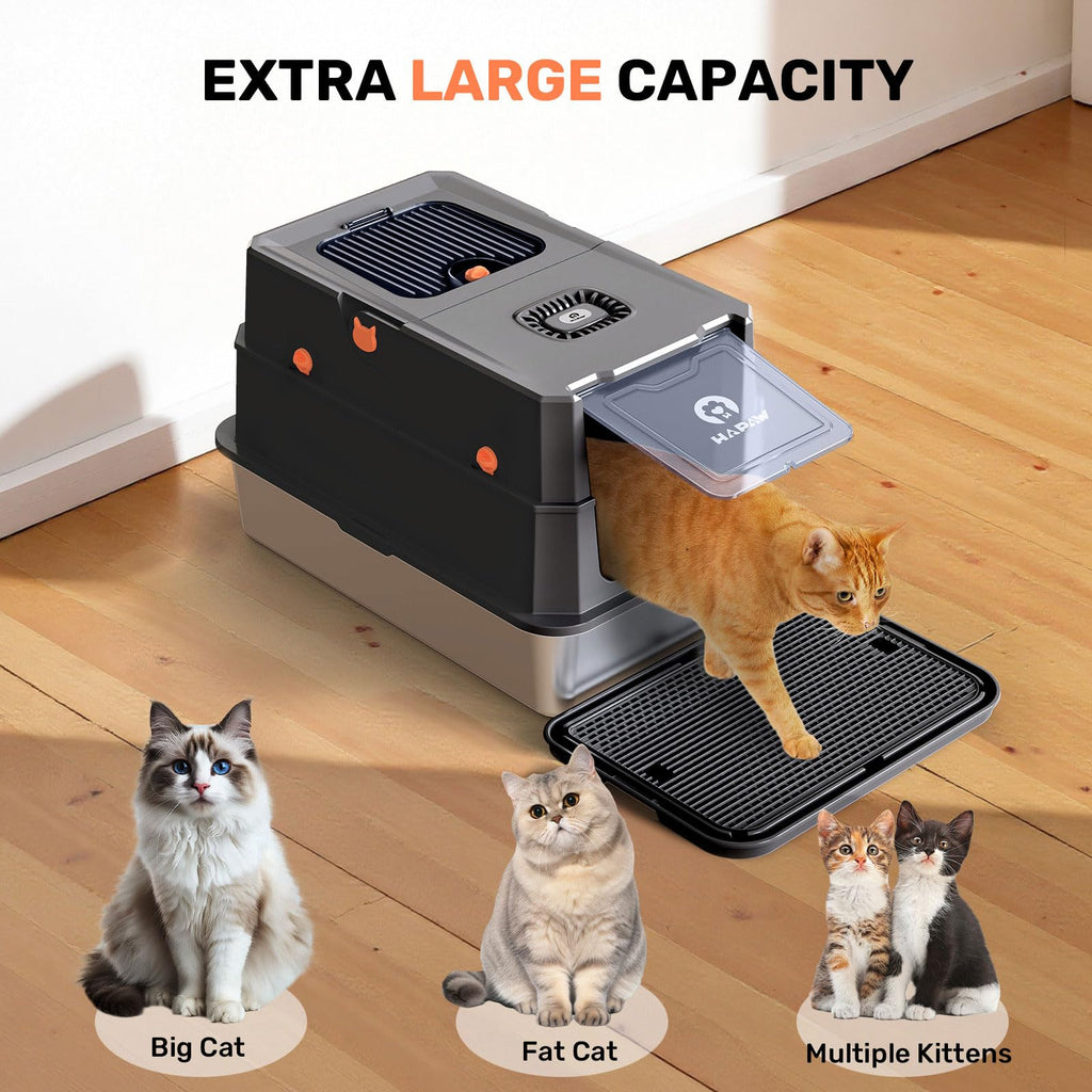 HAPAW Stainless Steel Litter Box with Lid, Anti-Leakage Enclosed Metal Litter Box, Flip-Top Extra Large Kitty Litter Pan with Scoop & Pedal, Odor Free, Front & Top Dual Entry, Black