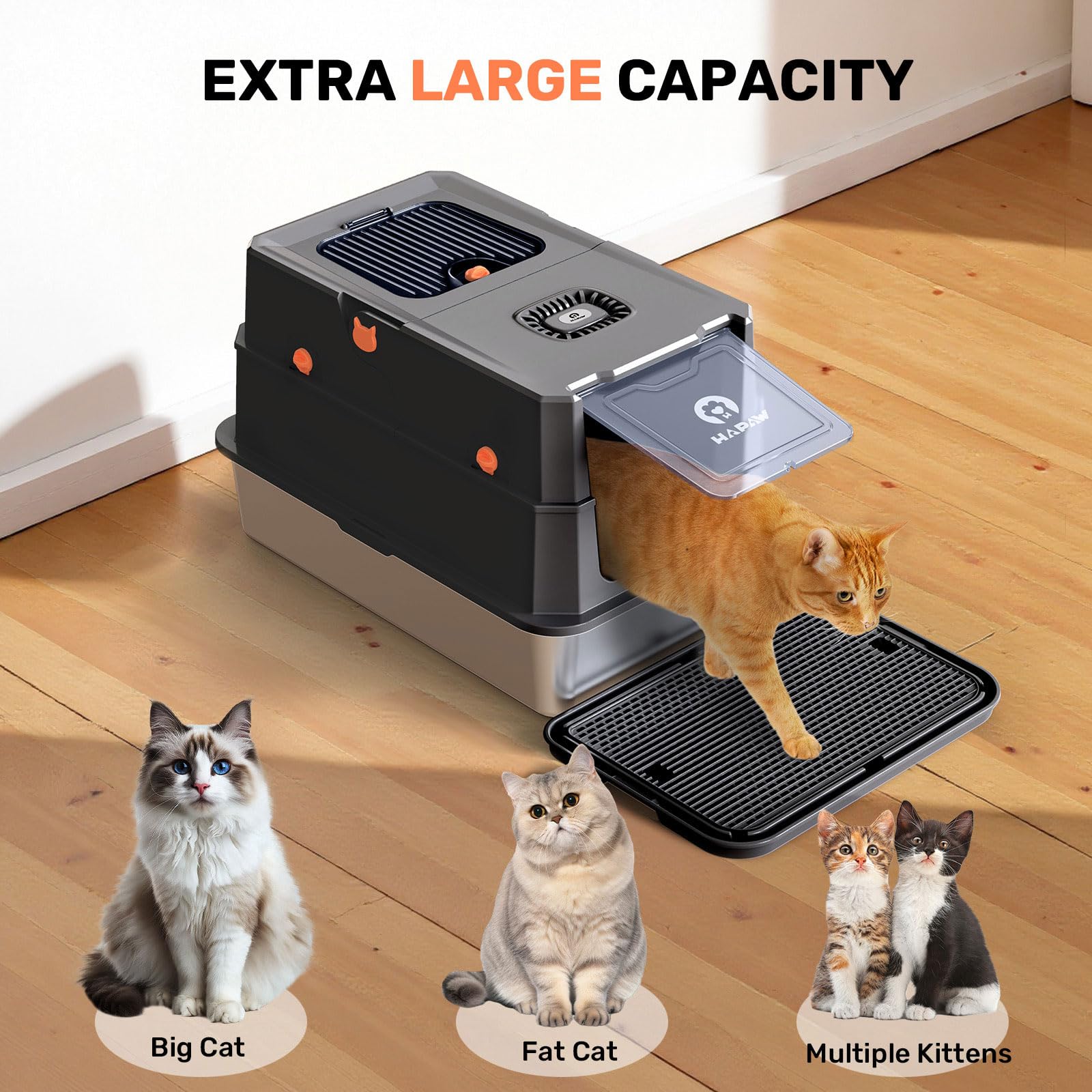 HAPAW Stainless Steel Litter Box with Lid, Anti-Leakage Enclosed Metal Litter Box, Flip-Top Extra Large Kitty Litter Pan with Scoop & Pedal, Odor Free, Front & Top Dual Entry, Black