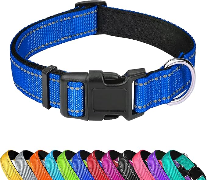 PWOD Reflective Dog Collar, Adjustable Soft Neoprene Padded Nylon Pet Collars with Buckle for Large Dogs, Navy Blue,L