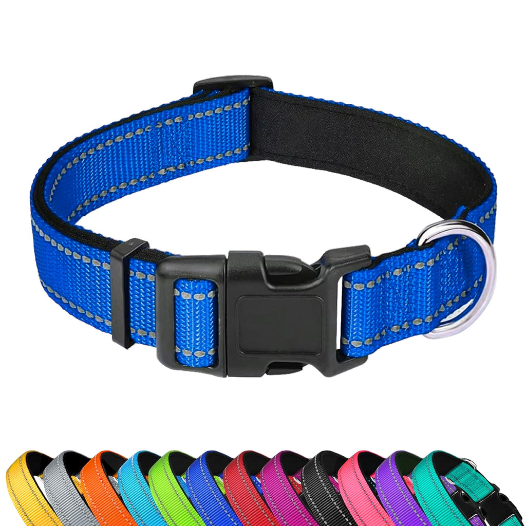 PWOD Reflective Dog Collar, Adjustable Soft Neoprene Padded Nylon Pet Collars with Buckle for Extra Large Dogs, Navy Blue,XL