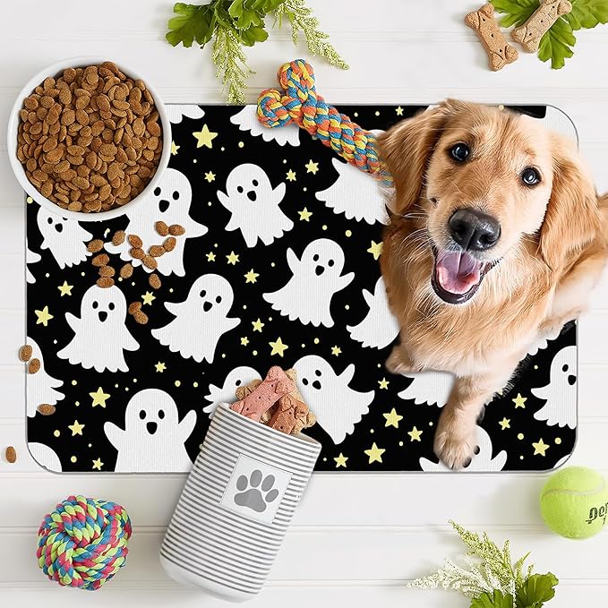 Halloween Pet Feeding Mat,Ghosts Absorbent Quick-Dry Cat Dog Food and Water Bowl Mats,Non-Slip Rubber Backing Mat,Cat Dog Accessories Supplies 16"x24"