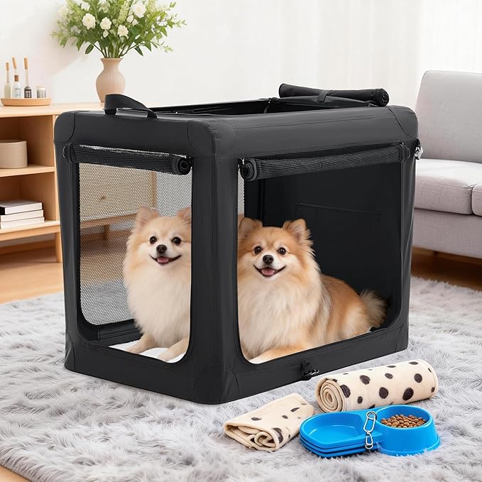 Dog Travel Crate 42 Inch, Portable Soft-Sided Travel Carriers for Dogs and Cats, Foldable Pet Kennel with 3-Doors Mesh Windows Indoor & Outdoor, Black