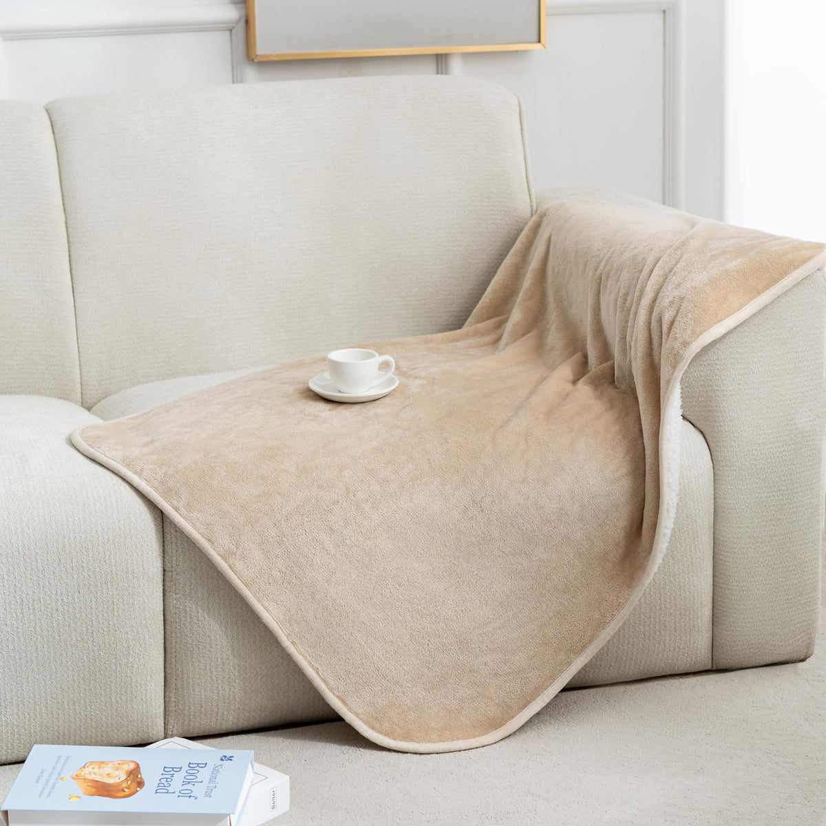 gogobunny Waterproof Bed Blanket, Reversible Sherpa Fleece Throw Blanket for Dog Puppy Cat, Furniture Cover Protects Bed Couch Sofa from Liquid Pee and Pet Fur (Cream, 90x108 inches)