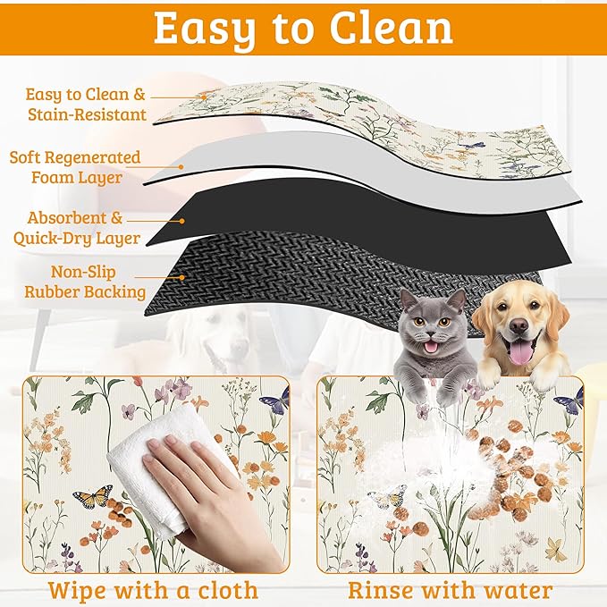 Wildflowers Butterfly Dog Cat Food Mat,Plants Absorbent Waterproof Placemat for Food and Water Non Slip Rubber Backing Durable Feeding Pad for Clean Floors 16" x 24"