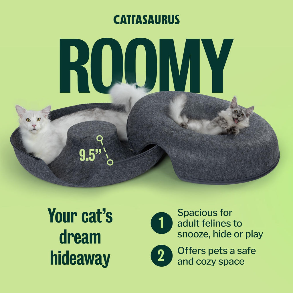 Cattasaurus Peekaboo Cat Cave Donut for Multiple & Large Cats up to 30-45 lbs, 3-in-1 Self Warming Cat Bed, Tunnel & Scratcher for Indoor Cats, Washable & Detachable Small Dog Bed (Dark Gray, Jumbo)