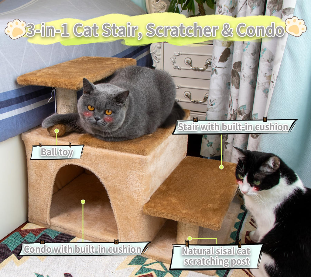 3-in-1 Pet Stairs for Cats for High Bed, Adjustable Dog Steps, Modular 3-Tier, Cushioned Steps & Big Cat Condo, Adjustable Entrance, Dangling Ball, for Kittens, Senior & Fat Cats (Grey, Large)