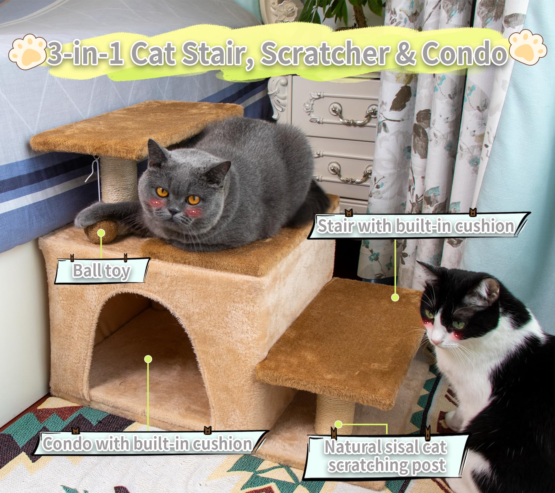 3-in-1 Pet Stairs for Cats for High Bed, Adjustable Dog Steps, Modular 3-Tier, Cushioned Steps & Big Cat Condo, Adjustable Entrance, Dangling Ball, for Kittens, Senior & Fat Cats (Grey, Large)