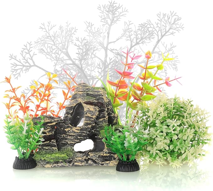 JIH Aquarium Fish Tank Plastic Plants and Cave Rock Decorations Decor Set 7 Pieces, Small and Large Artificial Fish Tank Plants with Cave Rock
