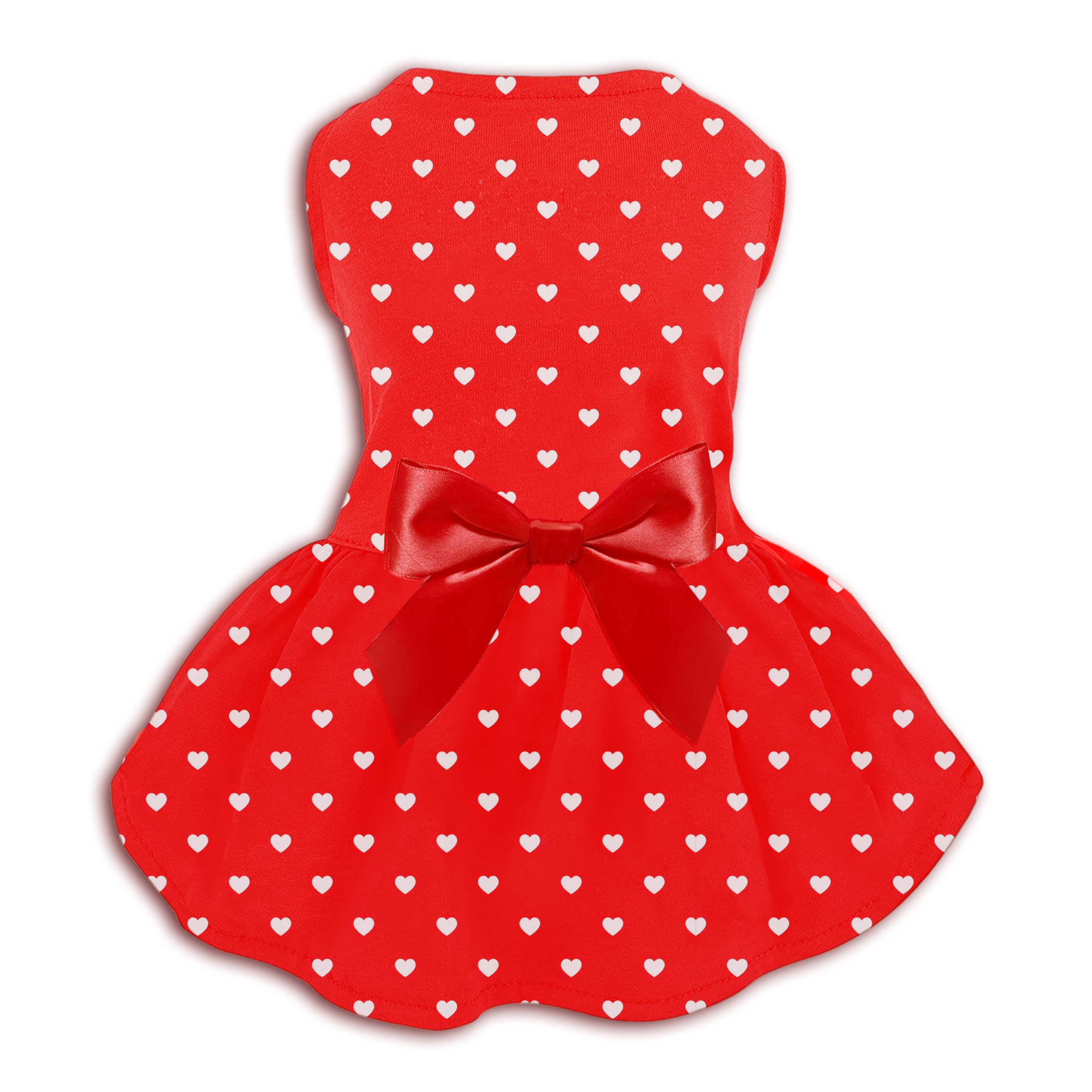 Valentine's Day Red Dog Dress, Cute White Heart Print & Satin Bow for Small Puppies, Pet Costume Party Outfit