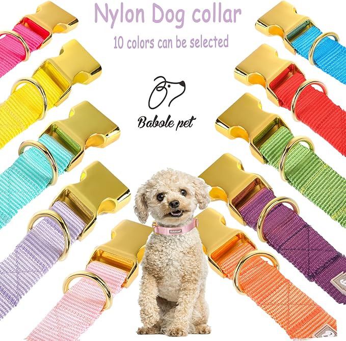 Babole Pet Nylon Dog Collar - Adjustable Pink Soft Webbing Dog Collars for Small Medium Large Dogs Boy Girl Puppy Collar with Safety Metal Buckle M