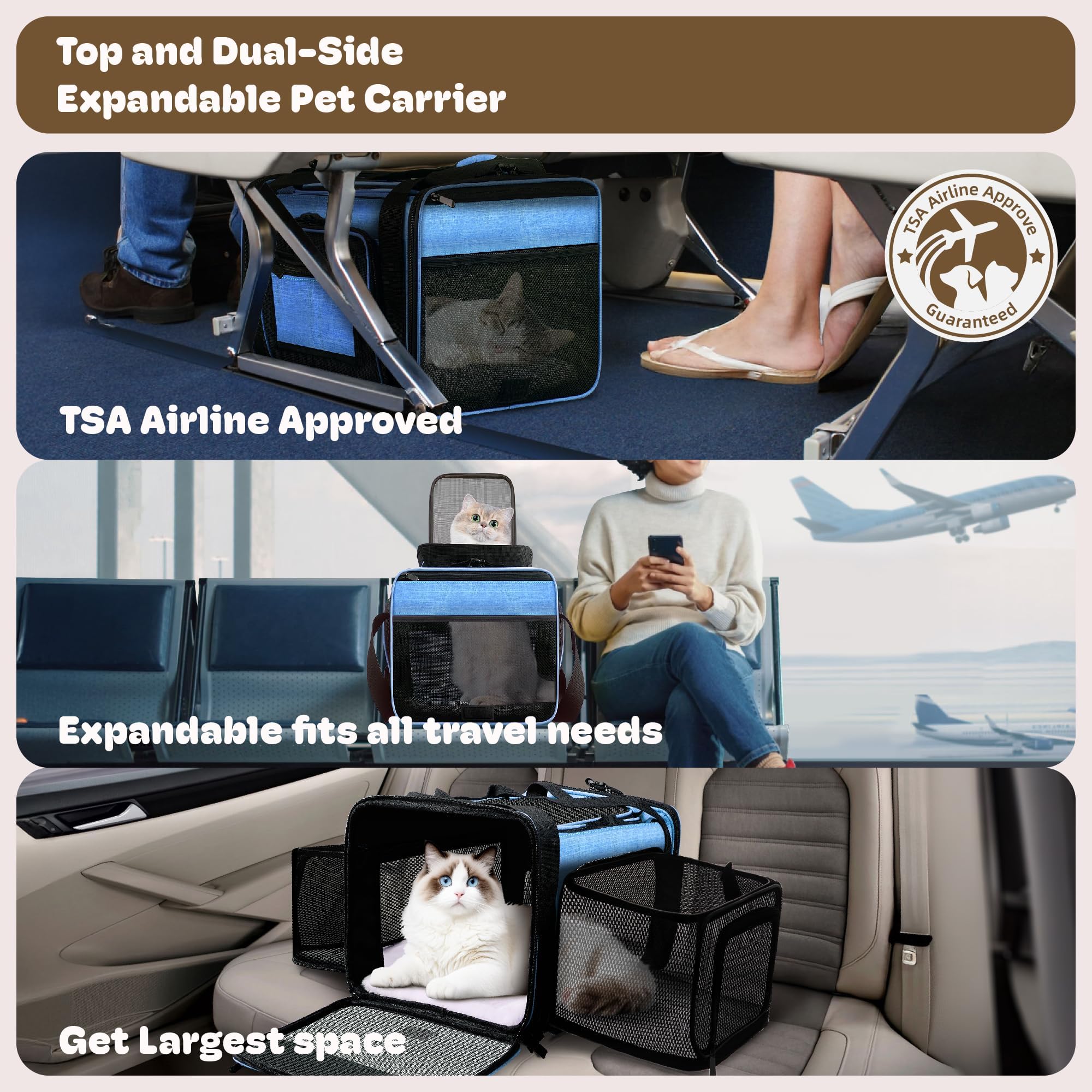 Top and 2 Sides Expandable Cat Carrier 18x11x11 TSA Airline Approved