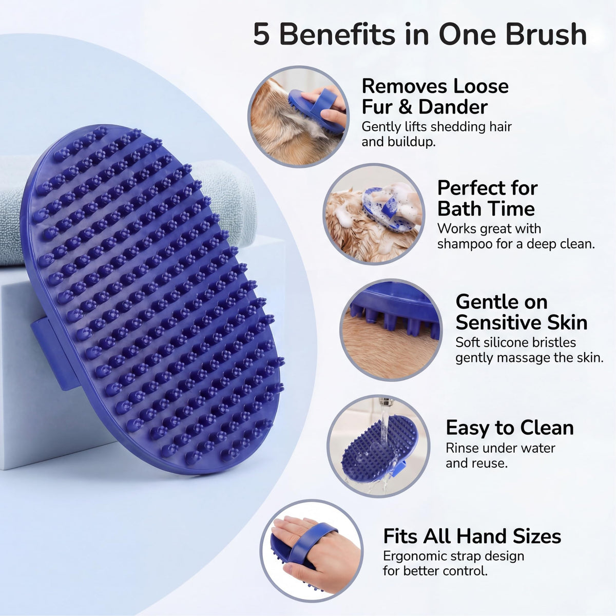Pets&Goods Rubber Grooming Brush for Dogs & Cats - Gentle Deshedding Bath Brush for Short & Medium Hair - Soft Bristles, Anti-Slip Grip, Easy to Clean