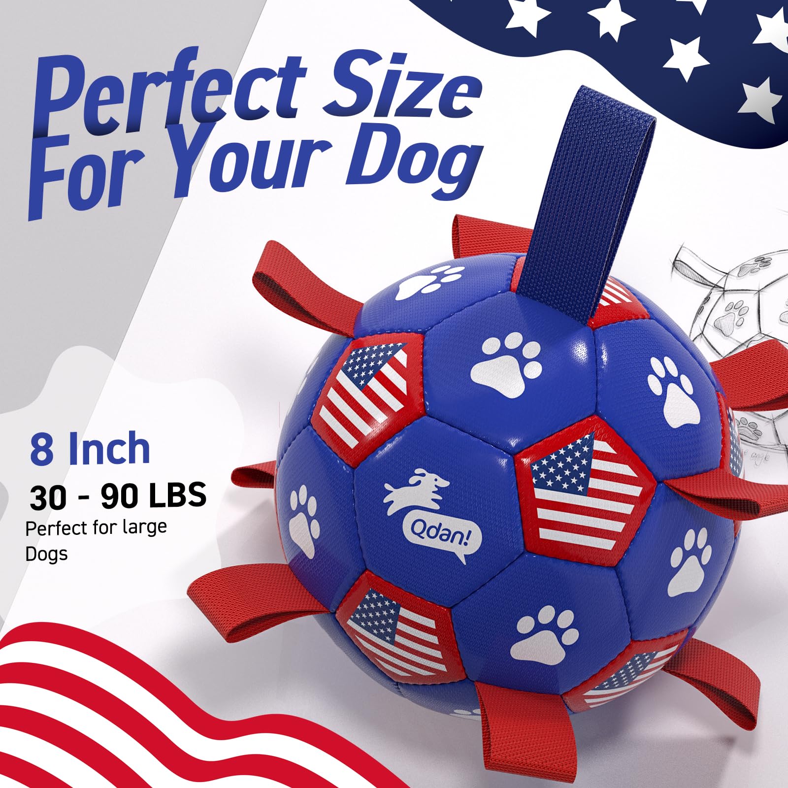 QDAN Dog Toys Soccer Ball with Straps, 8 Inch Dog Balls for Large Dogs