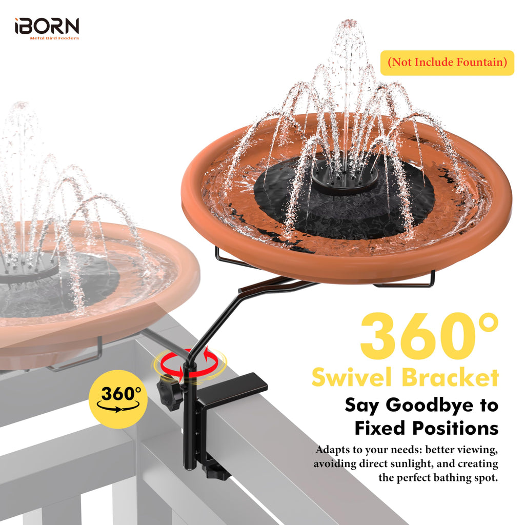 iBorn Bird Bath for Outside,Deck Mounted Bird Bath 12in，Birds Baths for Outdoors with Adjustable Clamp 3.2in，BPA-Free Bowl，360°Swivel & Adjustable Height Bracket，Detachable Birds Baths, Pack of 1