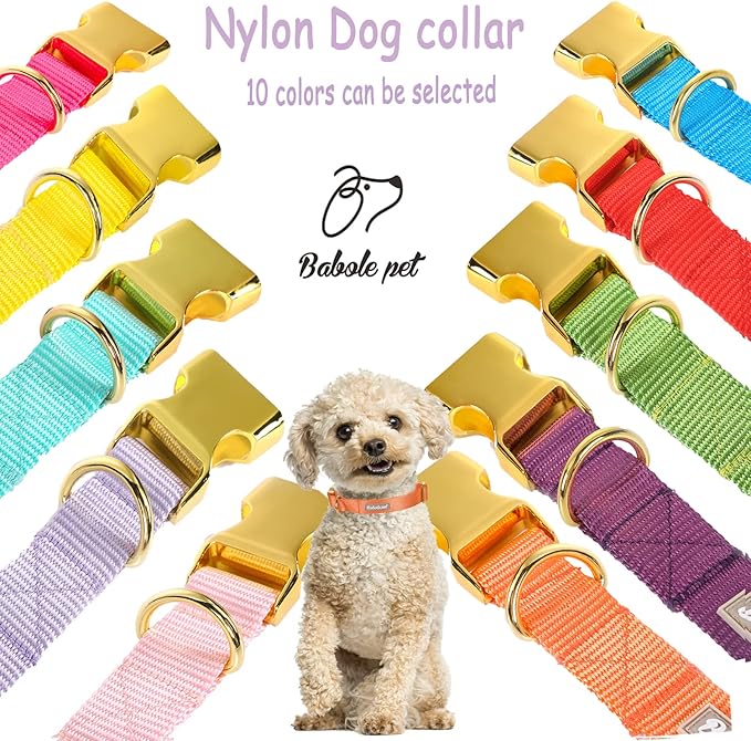 Babole Pet Nylon Dog Collar - Adjustable Orange Soft Webbing Dog Collars for Small Medium Large Dogs Boy Girl Puppy Collar with Safety Metal Buckle L