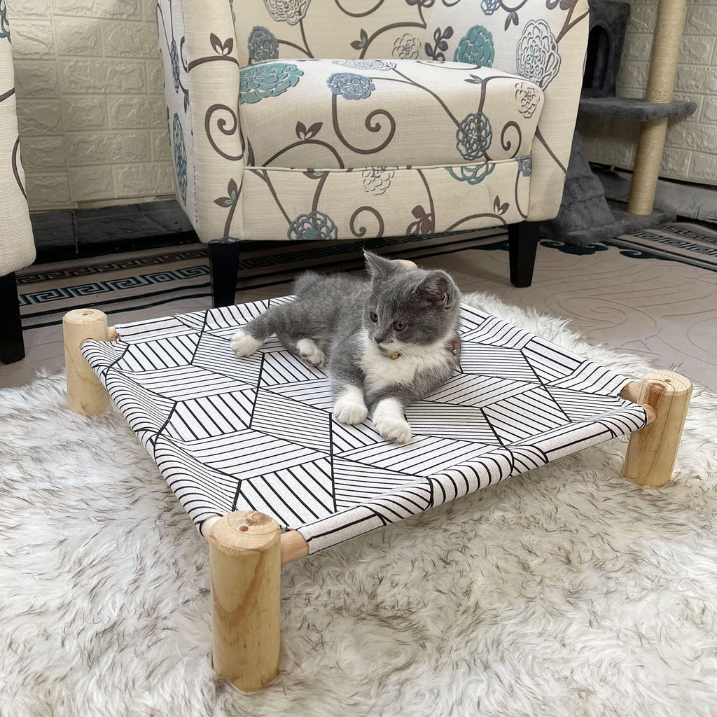 Pozico Cat/Dog Bed Hammock - Wooden Raised Indoor/Outdoor Beds - Breathable Mesh for Small Animals - White Diamond