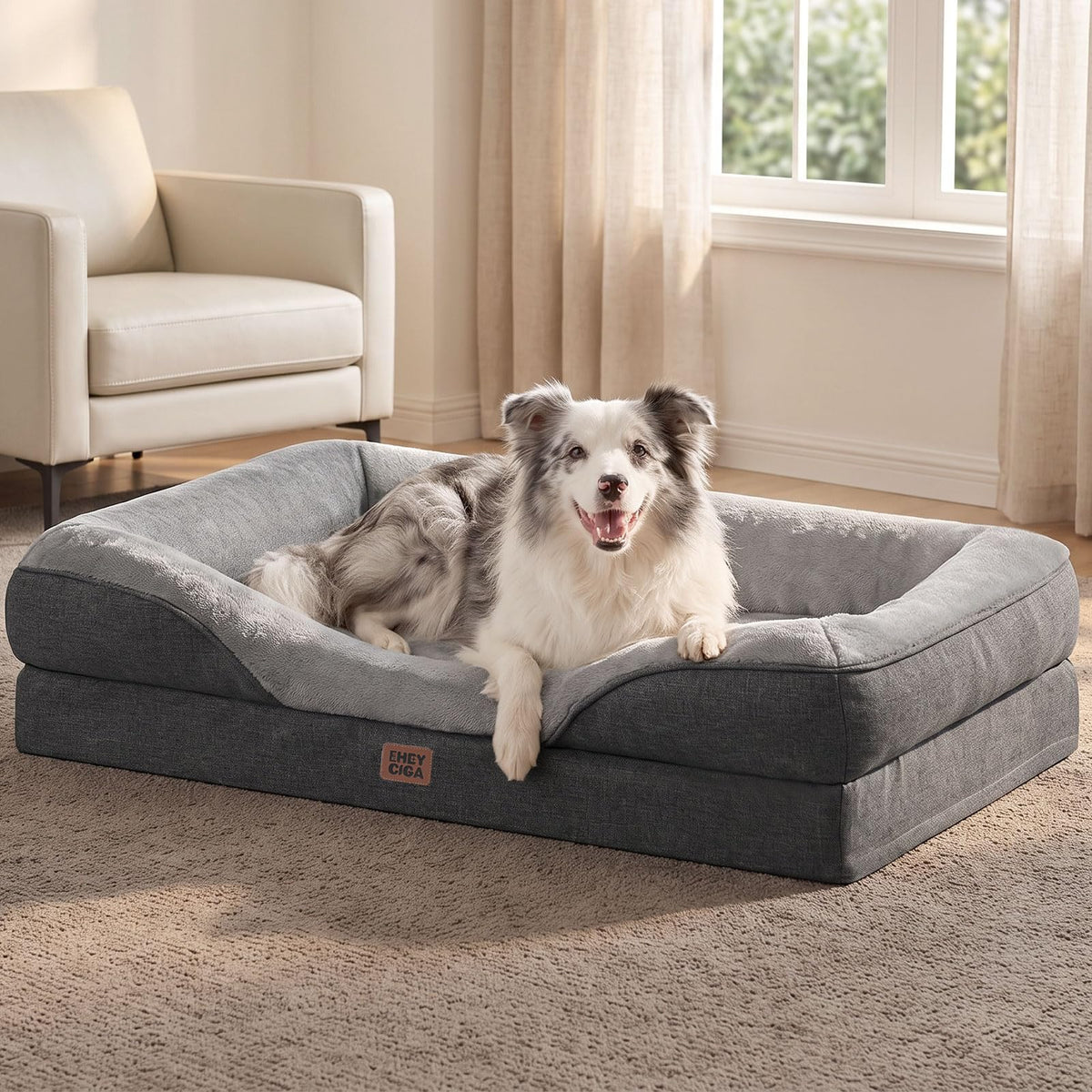 EHEYCIGA Orthopedic XL Dog Bed for Large Dog, Memory Foam Dog Couch, Beige