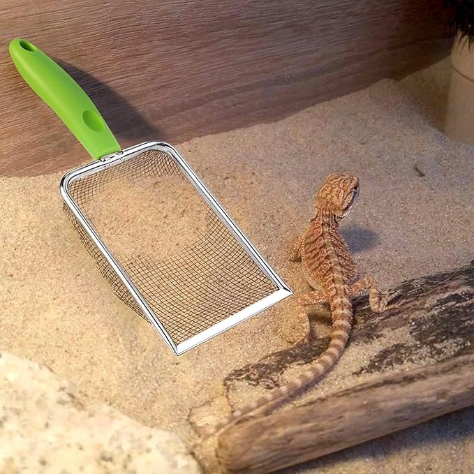 Qulkws Stainless Steel Mesh Litter Shovel, Fine Mesh Metal Reptile Litter Cleaner Scooper, Green Non-Slip Handle Sifter for Lizard Substrate Reptile Terrarium Sand Waste
