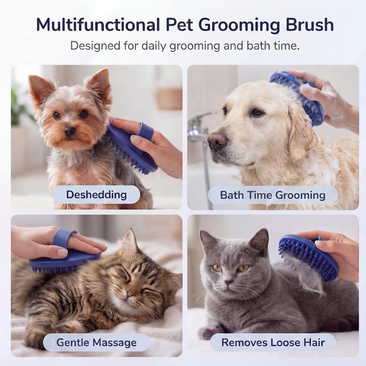 Pets&Goods Rubber Grooming Brush for Dogs & Cats - Gentle Deshedding Bath Brush for Short & Medium Hair - Soft Bristles, Anti-Slip Grip, Easy to Clean