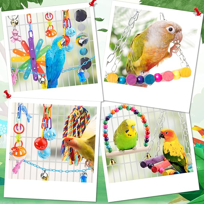 QUOZUO 9 Pcs Parakeet Cockatiel Bird Toys, Parrots Cage Accessories Swing Rope Hanging Wooden Perch Chewing Toy for Budgerigar, Parrot, Cockatiel