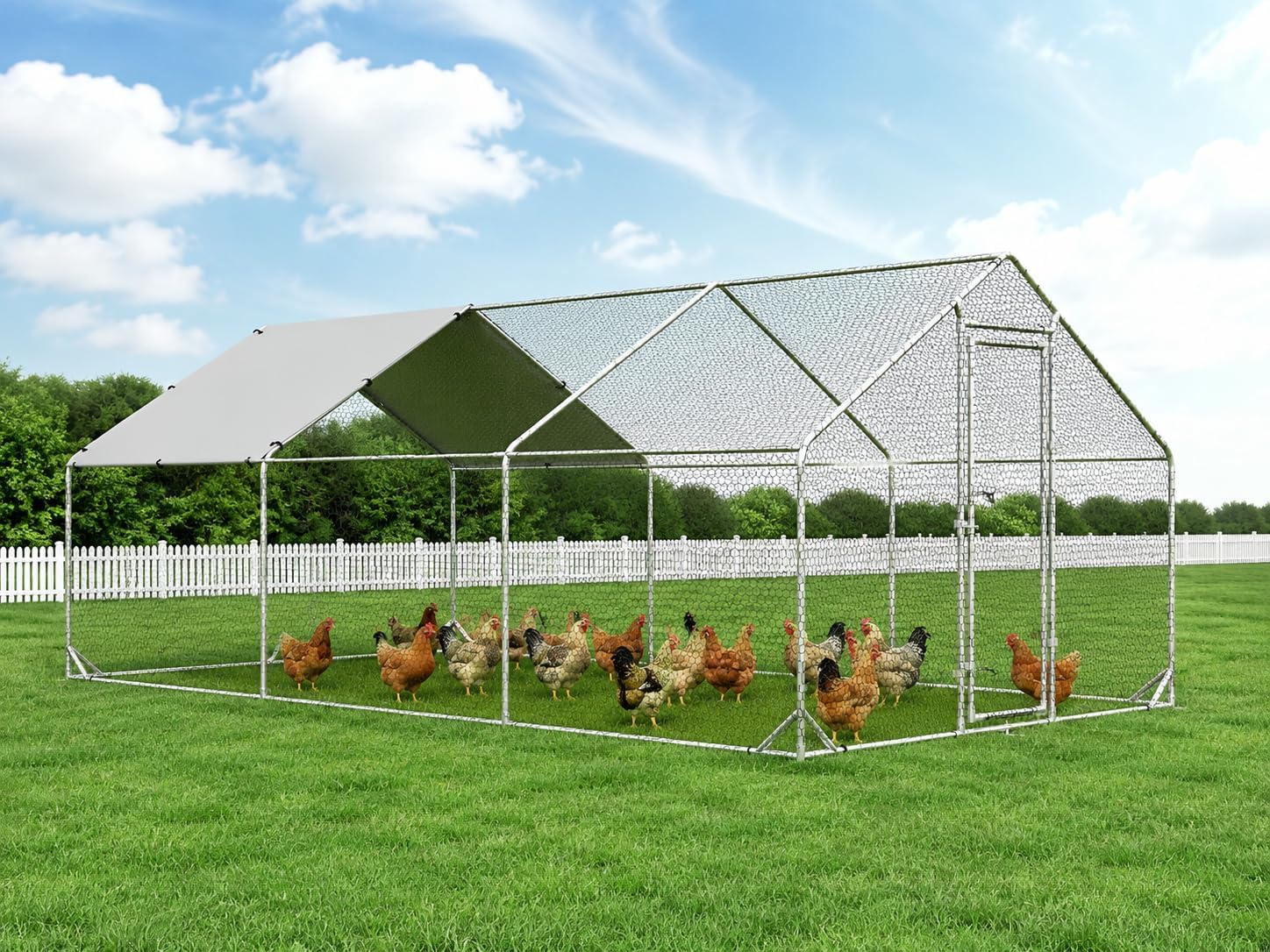 4ever2buy Metal Chicken Coop, 10x20 FT Walk-in Chicken Run Pen Poultry Cage, Water-Resistant & Anti-UV Cover, Large Chicken Coop for 18-22 Chickens