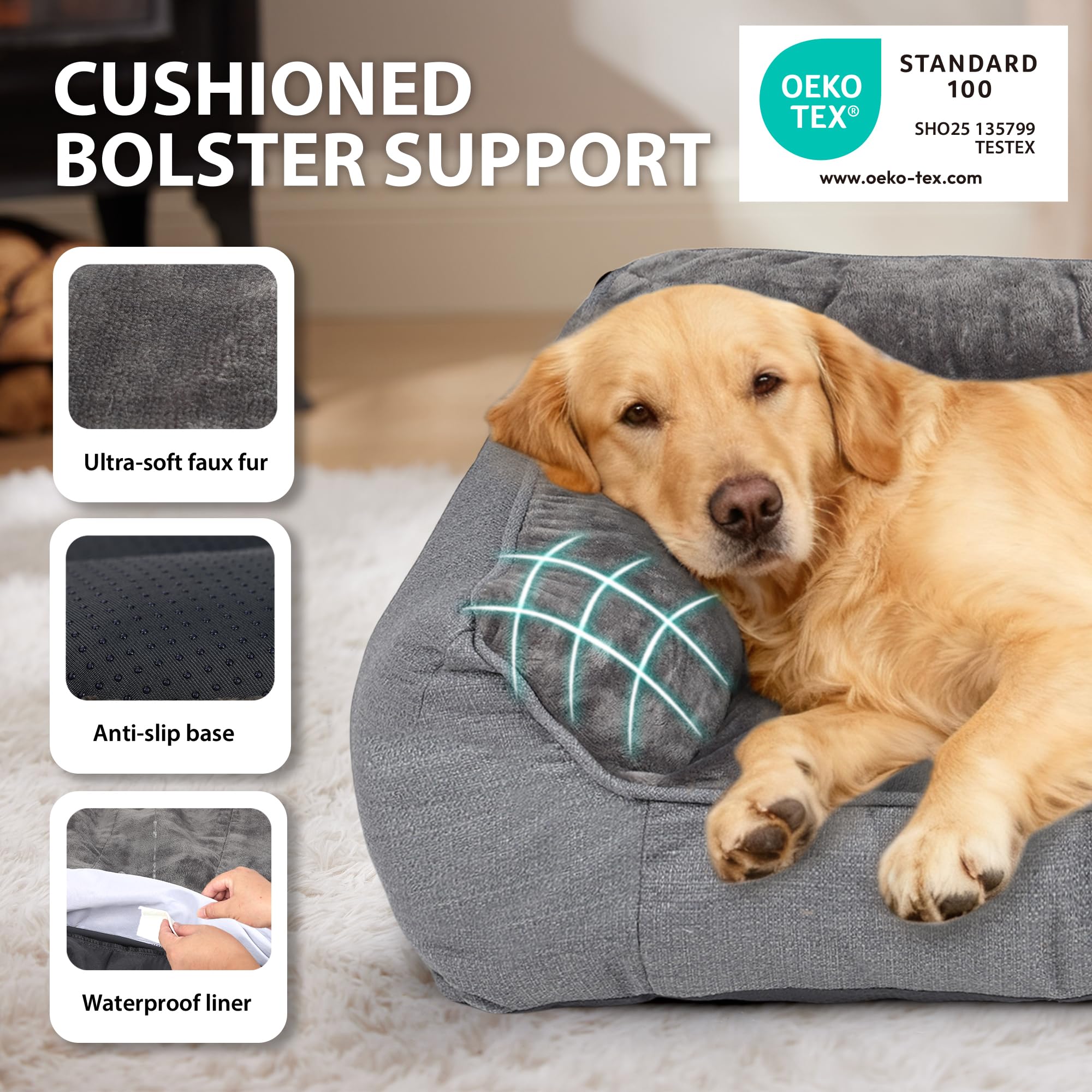 ZAKAPAWS Orthopedic Dog Bed for Extra Large Dogs - Extra Thick Supportive Dog Couch Bed, Pet Beds Sofa with Waterproof Washable Cover & Non-Slip Bottom, Grey, 48x35 Inch