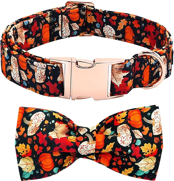 Bobo Rainbow Fall Dog Collar, Leaf Pumpkin Print Adjustable Pet Collar Cute Cotton Soft Collars with Bow Tie Metal Buckle Holiday Puppy Collars Boy&Girl Gift for Large Dogs