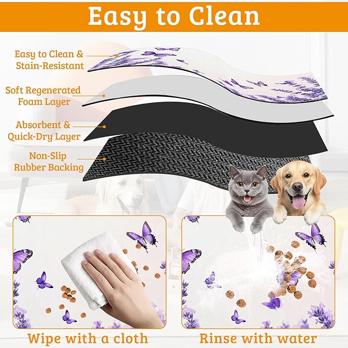 Pet Feeding Mat,Lavender Butterfly Absorbent Dog Cat Food Mat Purple Dog Mat with Rubber Backing,Non-Slip Water Bowl Placemat,Pet Supplies 12" x 20"