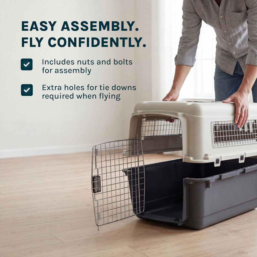 SportPet Airline Compliant XXX-LARGE 48" Travel Dog Kennel-Durable Plastic Airline Pet Carrier w/Removable Wheels & Food Bowls, Collapsible Indoor/Outdoor Dog Kennel, Dogs up to 44"L & 33"H-Cream/Gray