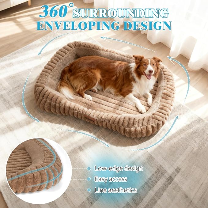 Orthopedic Dog Bed for Small Medium Dogs & Cats - Soft Furry Puppy Bed with Removable Washable Cover & Anti-Slip Bottom, Calming Rectangle Cat & Puppy Bed for Indoor Pets, 25x21x4inches, Brown