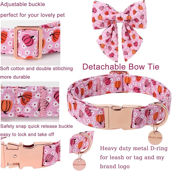 UP URARA PUP Halloween Pumpkin Dog Collar with Bow Tie, Pink Halloween Puppy Bowtie Collar with Adjustable Metal Buckle,Fancy Dog Collar Bowtie for Girl Boy Dog,XL