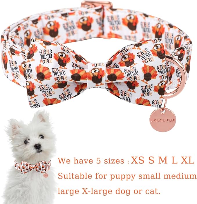 UP URARA PUP Thanksgiving Dog Collar with Bow Tie, Turkey Cotton Bowtie Collar for Puppy Girl Dog or Cat, Autumn Bow Tie Collar with Durable Metal Buckle, Turkeys Pet Collar,M, Neck 13.5-22in