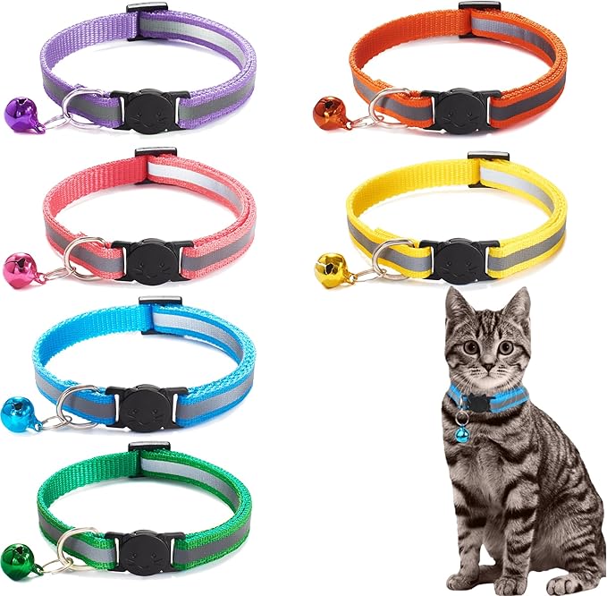 DreamAug 6-Pack Reflective Cat Collars with Bell – Breakaway Safety Nylon Kitten Collars, Adjustable Pet Collars with Charming Bells, Mixed Colors in one Package.