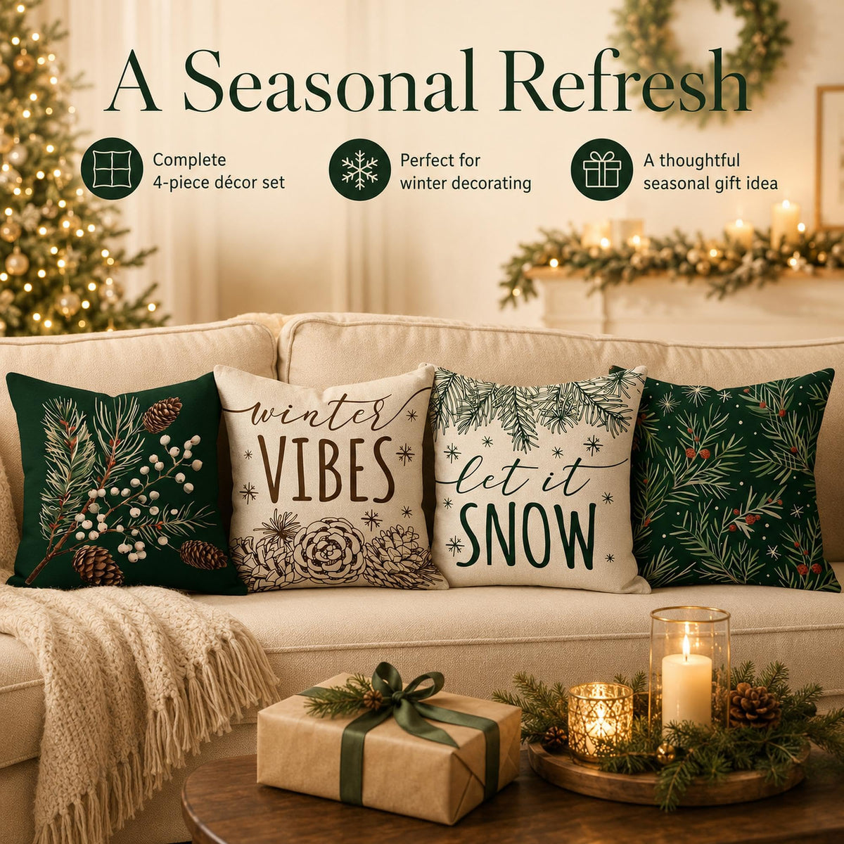 Fahrendom Winter Vibes Green Decorative Throw Pillow Covers