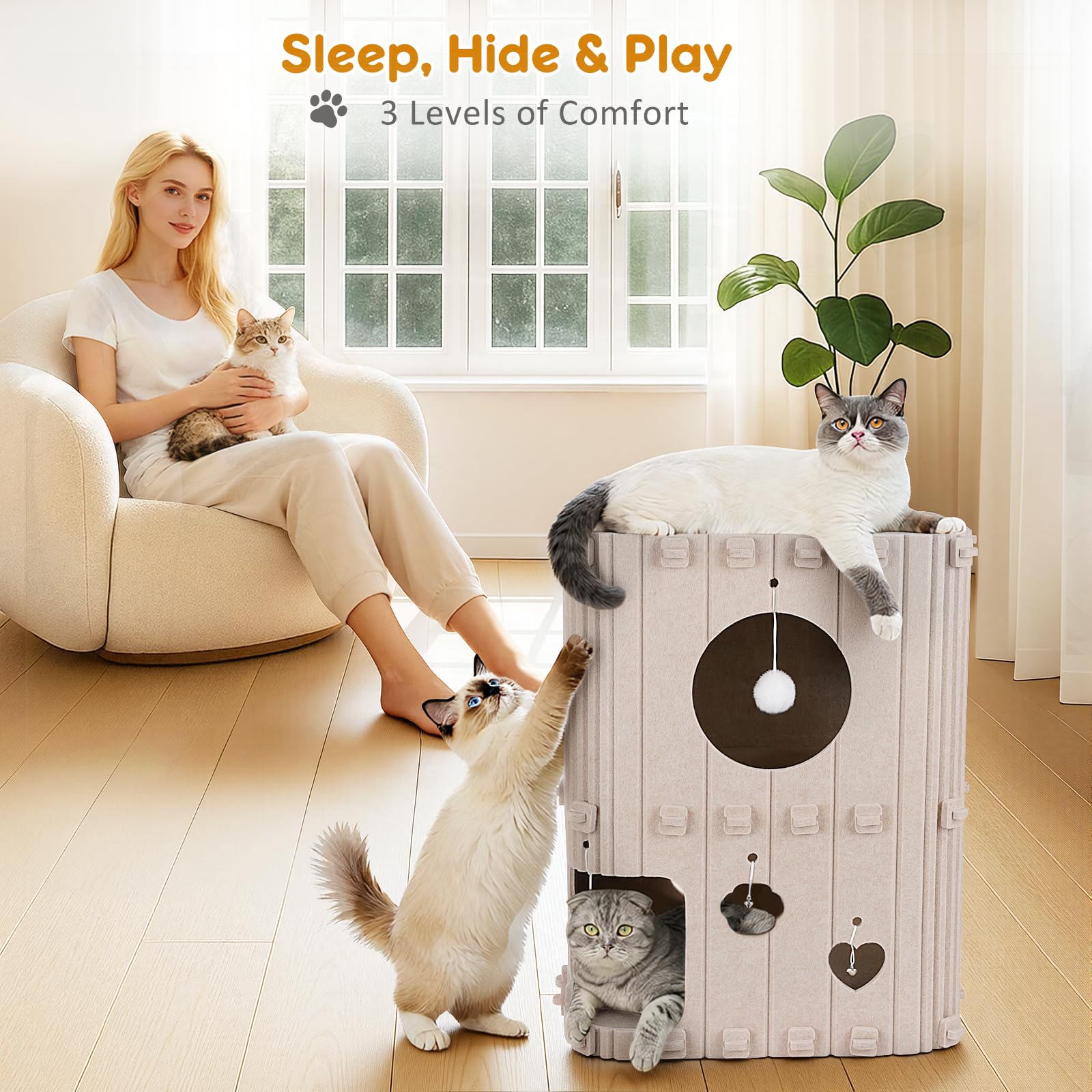 TOYSBOOM Cat House for Indoor Cats - 2-Story Enclosed Cat Bed Cave for Multiple & Large Cats, Felt Covered Pet Hideaway Tunnel Condo House, Kitty Hut Hideout Cube, Scratch Resistant, Beige