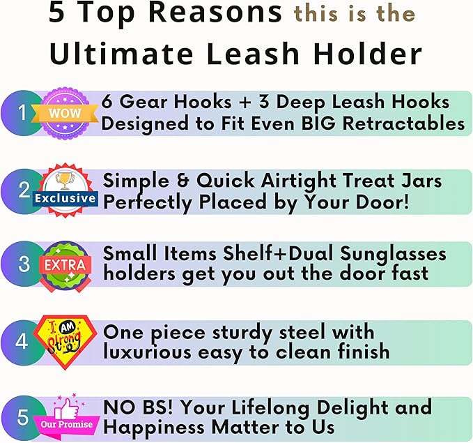 Dog Treat Holder For Wall Storage For Pets, Premium Pet Wall Organizer, Includes Three 32oz Airtight Dog Treat Jars, 3 Sets of Triple Hooks, Sturdy Shelf in Modern Black