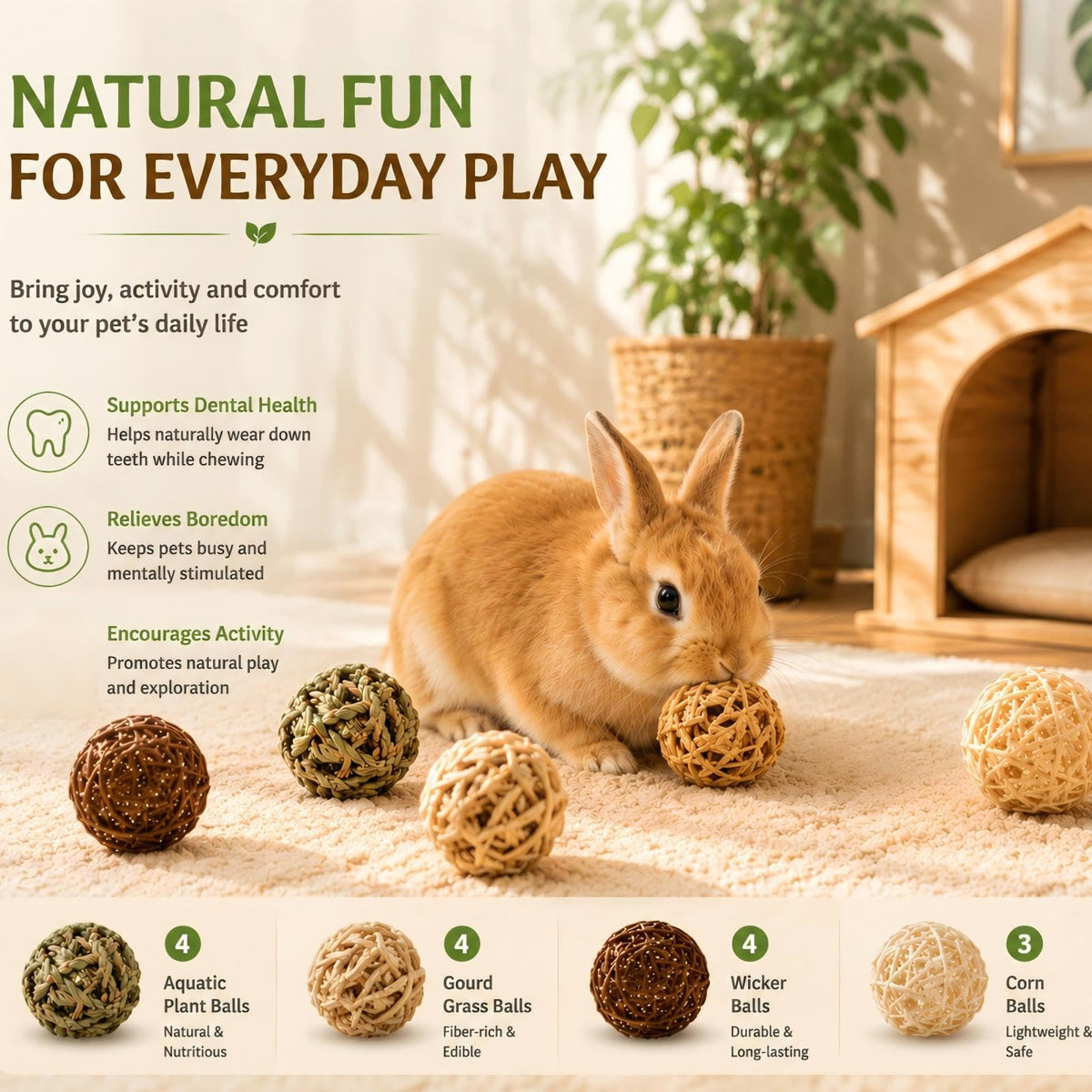 Skylety 15 Pcs Bunny Chew Balls Grass Toys for Rabbit Guinea Pig Hamster