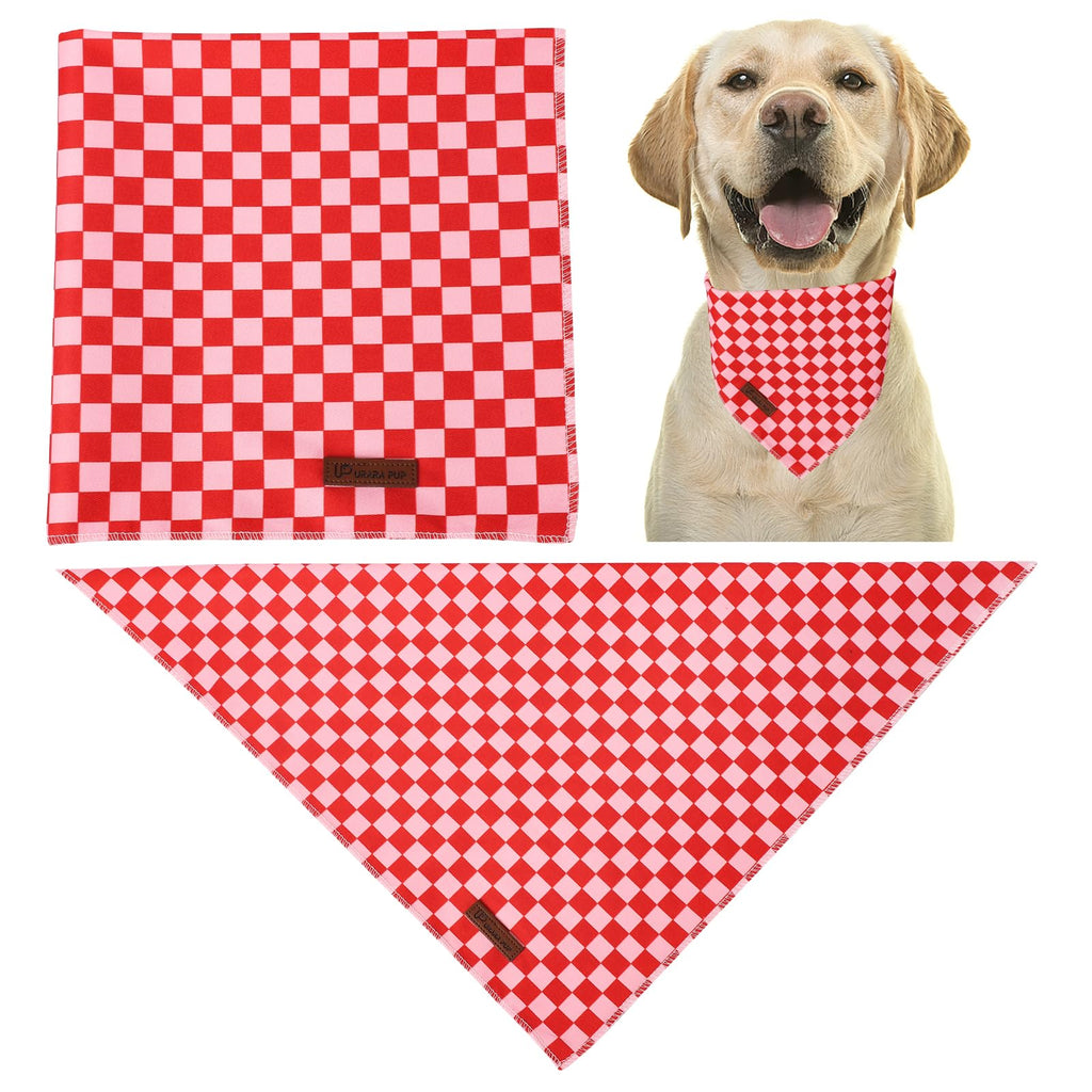 UP URARA PUP Red and Pink Plaid Dog Bandana–Red and Pink Checked Triangle Scarf for Small Medium Large Dogs, Soft Cotton Pet Bib for Dogs, Adjustable Dog Kerchief