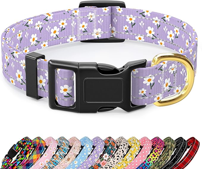 TMOODEL Reflective Dog Collar for Medium Dogs, Cute Flower Theme Adjustable Heavy-Duty Nylon Puppy Collar for Boy and Girl Female, Soft Pet Accessories with Quick Release Buckle, Purple White