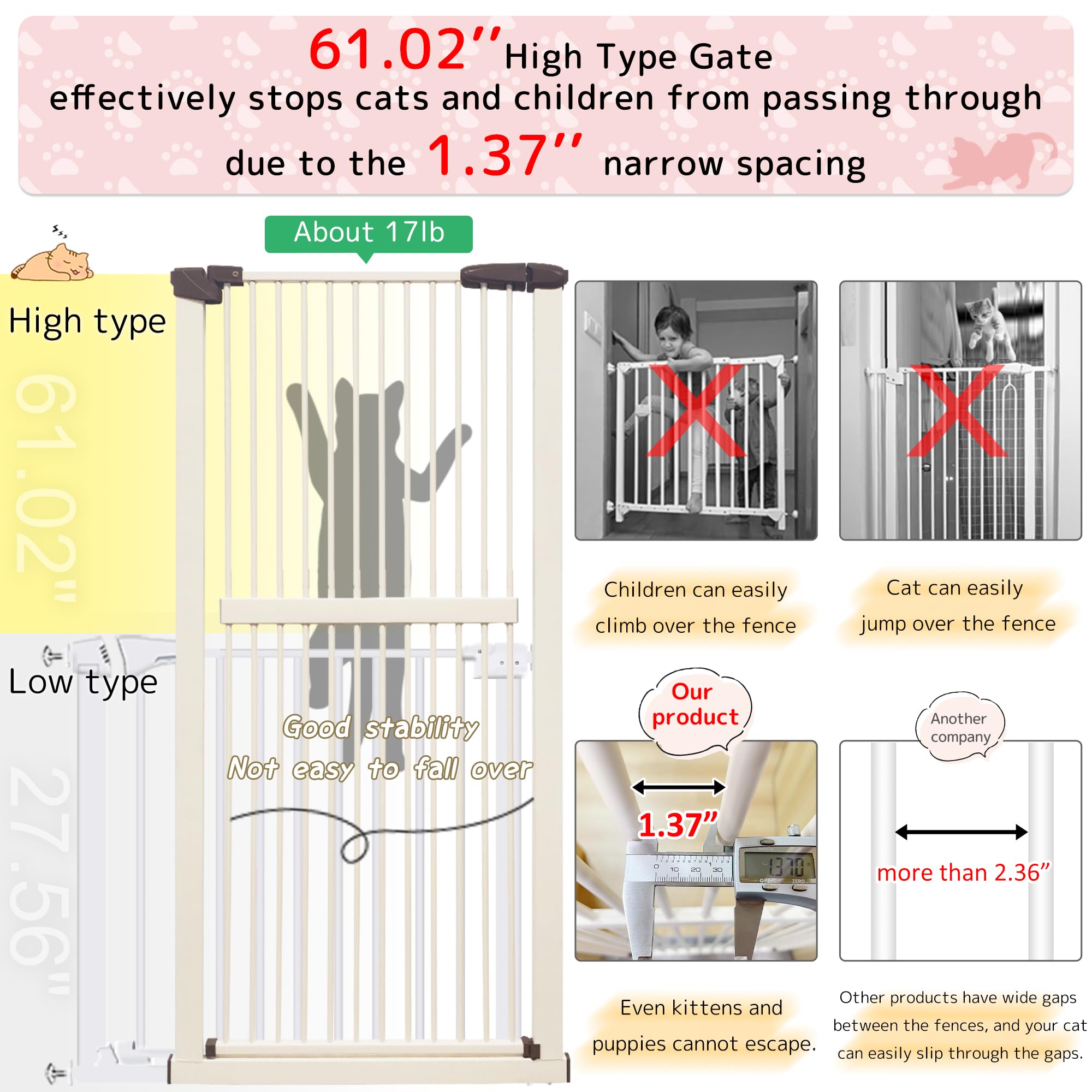 Lumizone 61.02" Extra Tall Pet Gate for Cat Dog 26.38"-30.11" Wide Cream