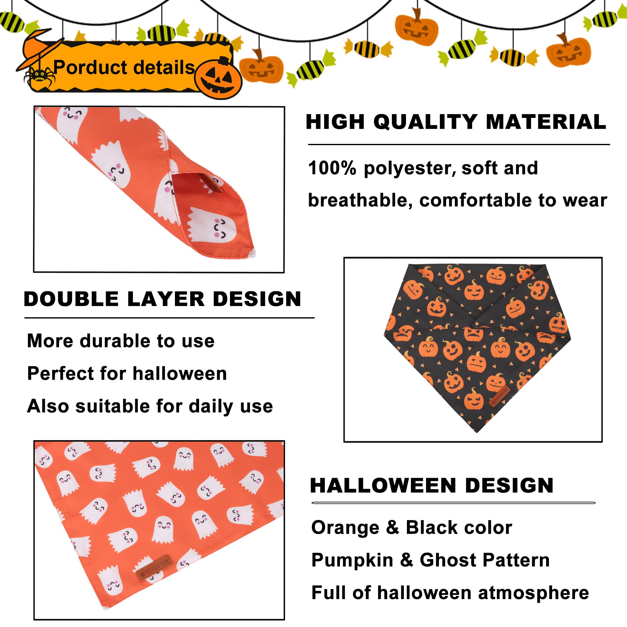 ADOGGYGO Halloween Dog Bandanas, 2 Pack Ghost Pumpkin Dog Scarf, X-Large