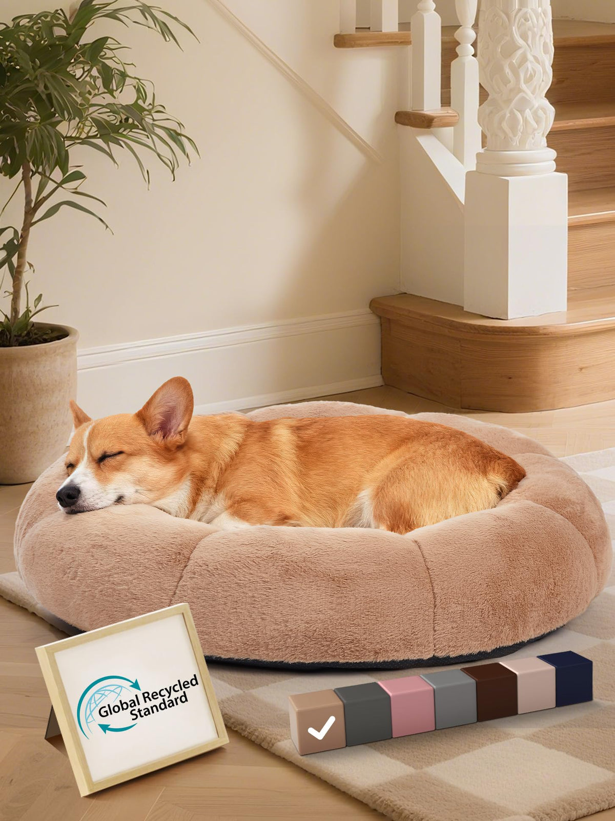 OhGeni 27 inches Calming Donut Dog & Cat Bed for Medium Pets, Warming Comfort Fluffy Short Pile Fur, Durable Machine Washable Round Bed, Cute Round Bed for Puppy and Kitten, Camel