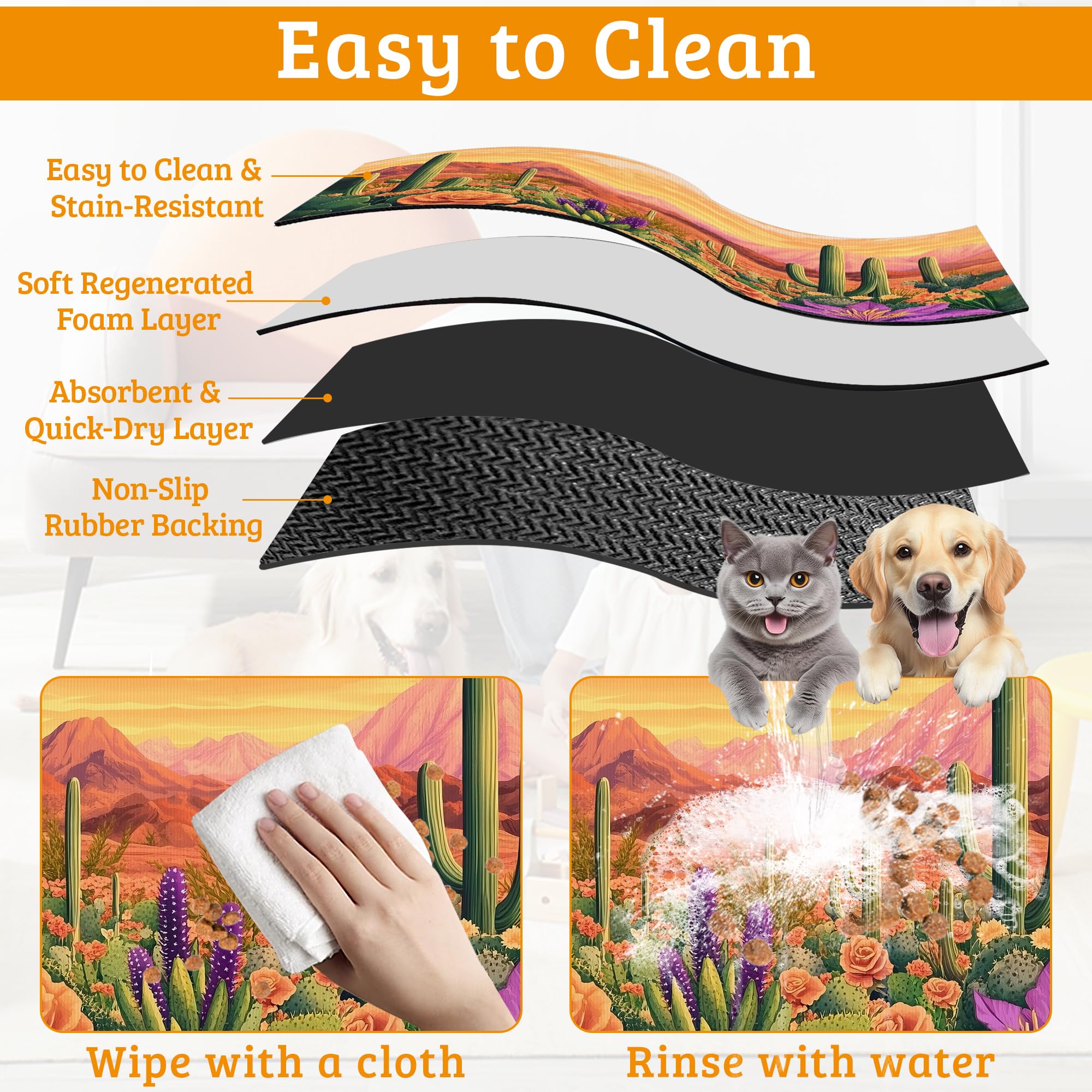 Pet Feeding Mat,Cactus Absorbent Dog Cat Food Mat Desert Dog Mat with Rubber Backing,Non-Slip Water Bowl Placemat,Pet Supplies 16" x 24"