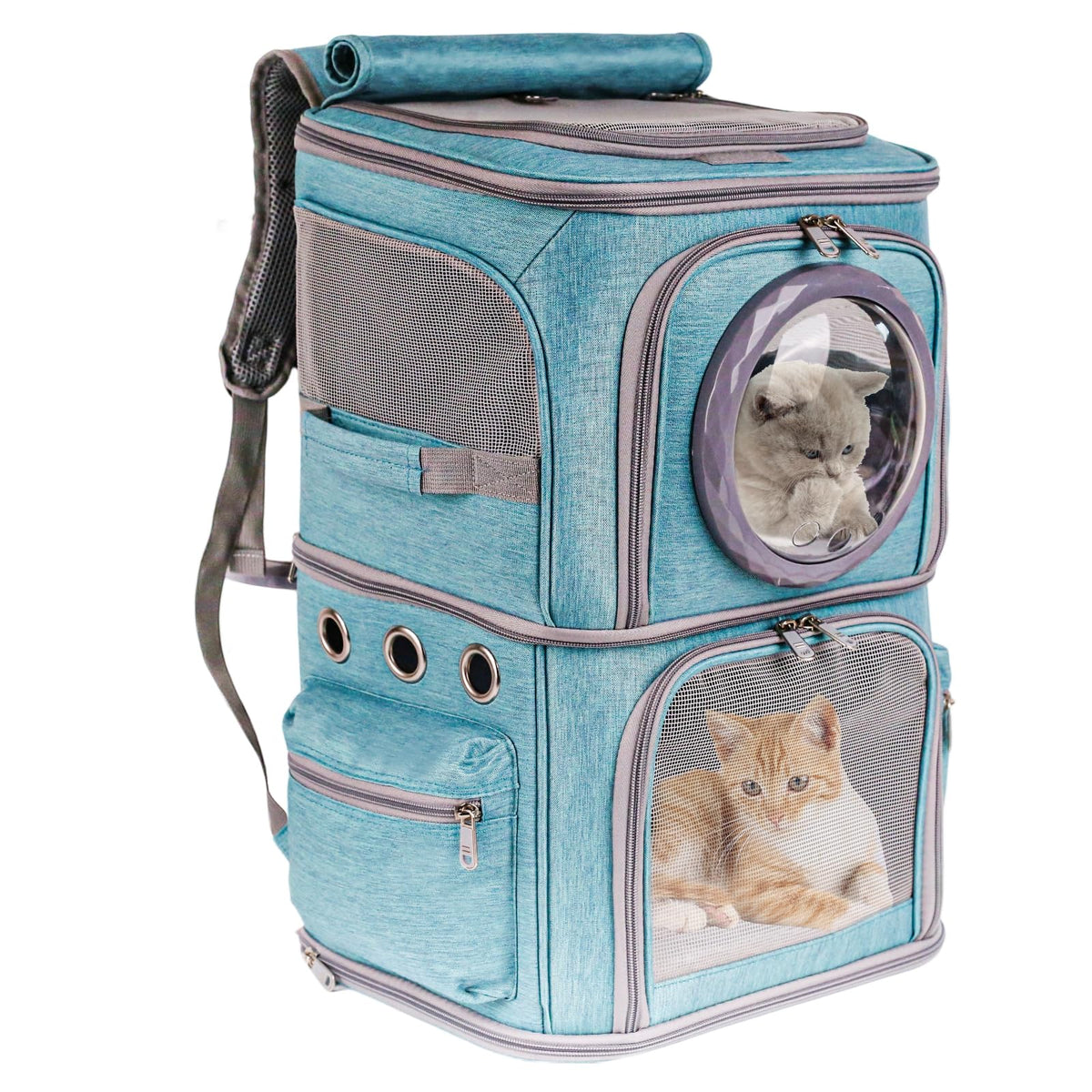 2-in-1 Pet Carrier Backpack for Two Cats or One Dog, Green Double-Layer 2 Compartment Carry Bag to Transport Small Animals Traveling and Hiking, Space Capsule Clear Bubble Dome