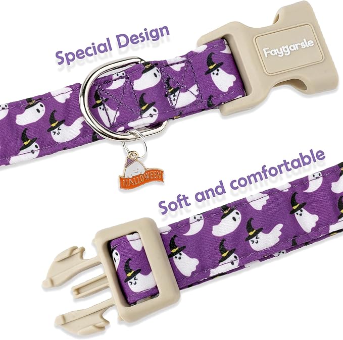 Faygarsle Halloween Dog Collar with Charm, Purple with Ghost Pattern, Adjustable Pet Collar for Small Medium Large Dogs, M