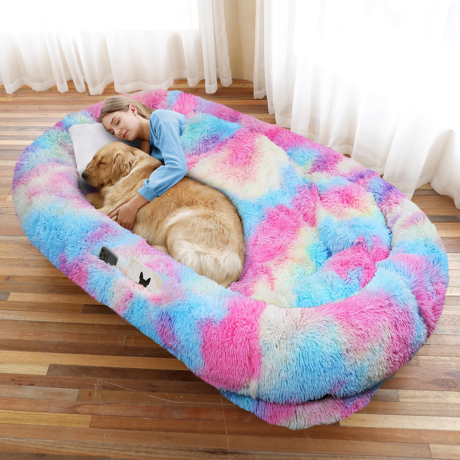 WROS Human Dog Bed, 71"x45"x12" Size Fits You and Pets, Washable Faux Fur Pet Bed for People Doze Off, Napping Orthopedic Dog Bed, Present Plump Pillow, Blanket, Strap - Rainbow
