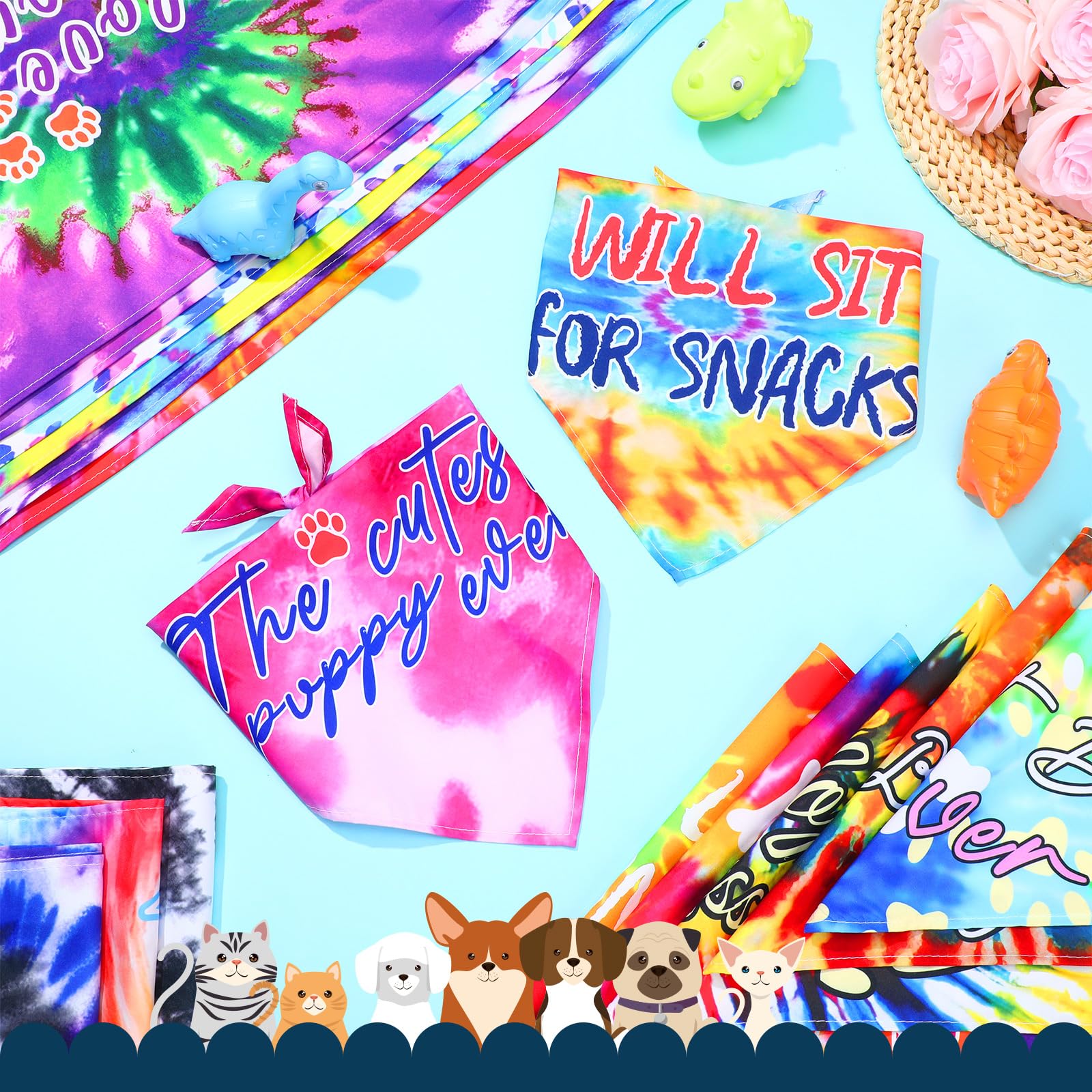 Huhumy 50 Pcs Tie Dye Dog Bandanas Bulk Pet Bibs Colorful Triangle Scarf Tie Dye with Sayings Pet Bandanas for Medium Large Dogs Spring Summer Birthday Costume Decor